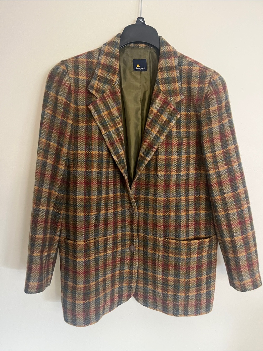 LizSport Plaid Wool Blend Blazer - Olive/Brown Multi